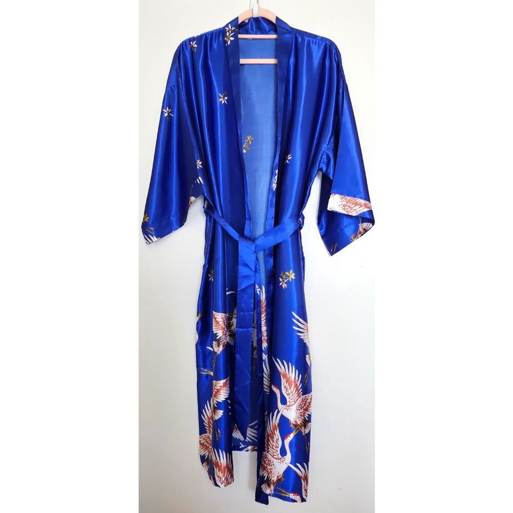 NEW! Lightweight Silky Satin Kimono Long Bathrobe Robe w Cranes L Blue